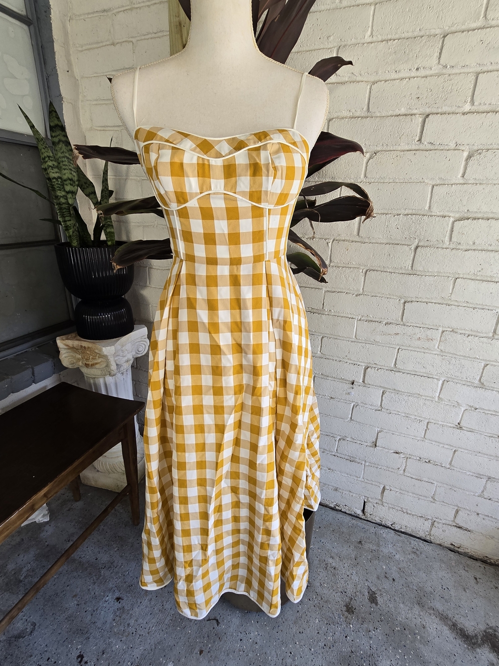 Yellow Gingham Spaghetti Strap Midi Dress